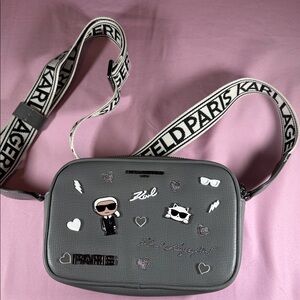 Karl Lagerfeld Gray Maybelle Crossbody with Branded Webbing Strap and Charms